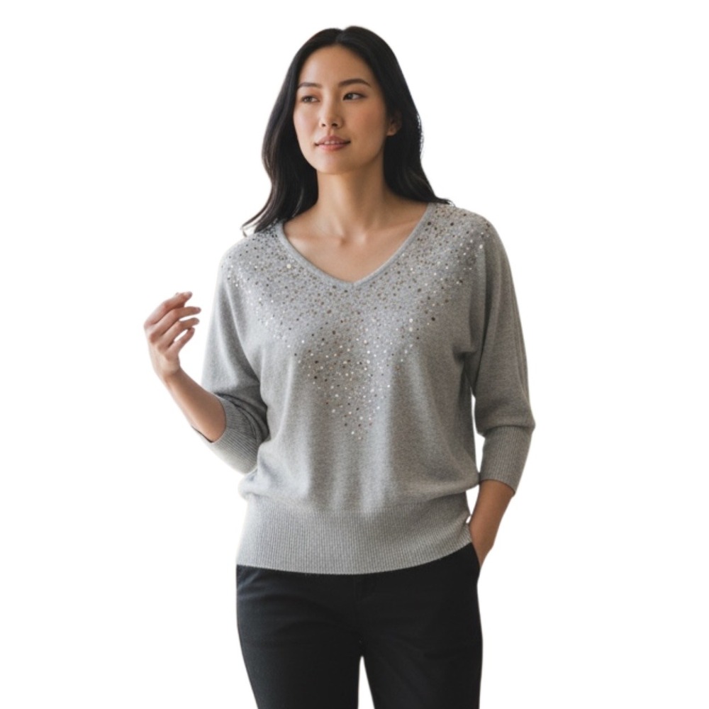 White House Black Market‎ Gray Sequin V-Neck Dolman 3/4 Sleeve Sweater Small